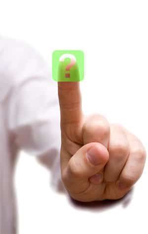 finger pressing Question Button on white background.